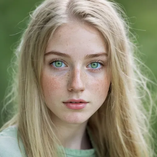 Prompt: A pretty girl with long blonde hair and pale green eyes and freckles