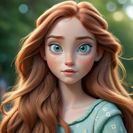 Prompt: Disney style pretty girl with long light brown hair, blue/green eyes and a few freckles on her small pretty face