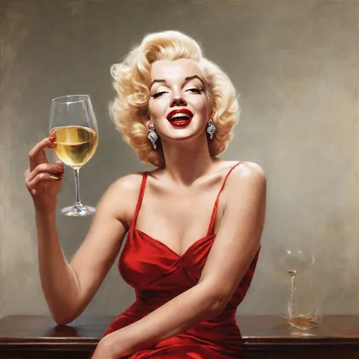 Prompt: A realistic image of Marilyn Monroe on her red dress, holding up a glass of white wine