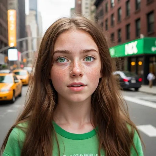 Prompt: A pretty young girl with freckles, long brown hair and green eyes, who is amazed by the wonders of New York City