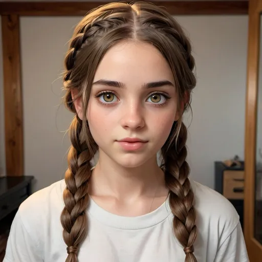 Prompt: A realistic girl with long brown hair into two braids and hazel eyes