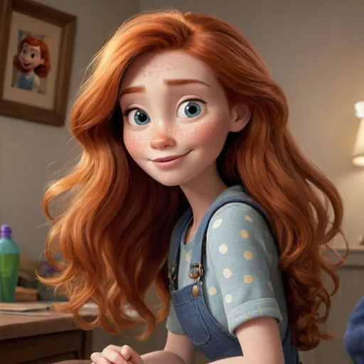 Prompt: Disney pixar character, A mom of 16 kids, raised by her, who is very pretty, kind with long, ginger hair, and dome freckles