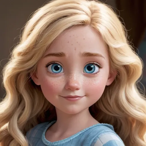 Prompt: Disney pixar character, Long, blonde, wavy hair, pretty girl, big blue eyes, somefreckles on her pretty face