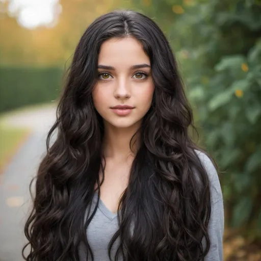 Prompt: A pretty girl with long, black, wavy hair and brown eyes
