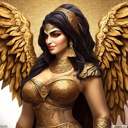 Prompt: Full figured Persian goddess with zoroastrian wings, and beautiful face 