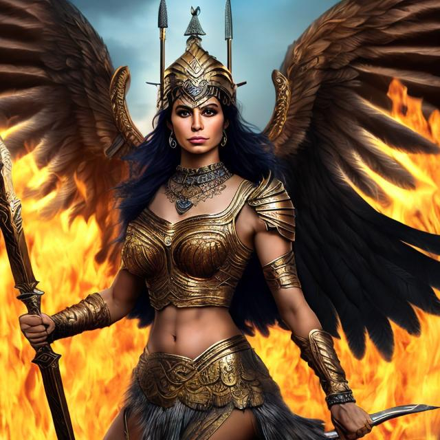 Prompt: Beautiful persian valkyrie, powerful stance, intense gaze, riding into battle, fighting, firey background 