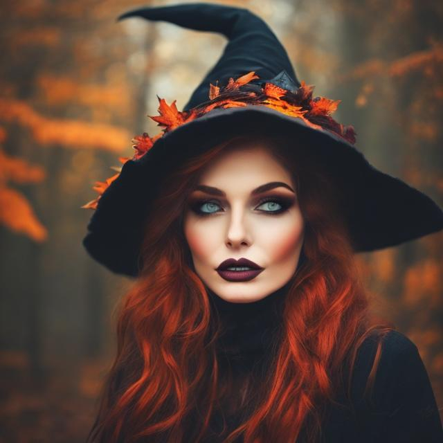 Prompt: Cozy fall witch with beautiful face
