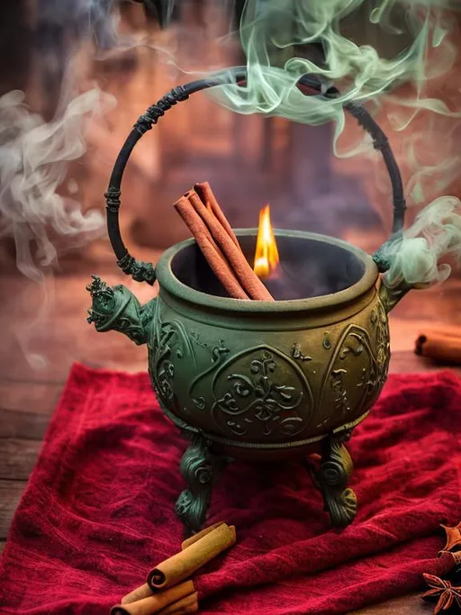 Prompt: Green smoke billowing out of a black cauldron, cinnamon sticks, magical atmosphere, detailed smoke, high quality, mystical, dark fantasy, vibrant green tones, atmospheric lighting, christmas