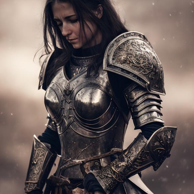 Prompt: Beautiful woman in armor, kneeling, head bowed, holding a sword in each hand, medieval fantasy, armor, detailed eyes, intense gaze, intricate sword design, heroic pose, highres, detailed, medieval fantasy, dramatic lighting, determined face, vengeance, anger, fight, tanned