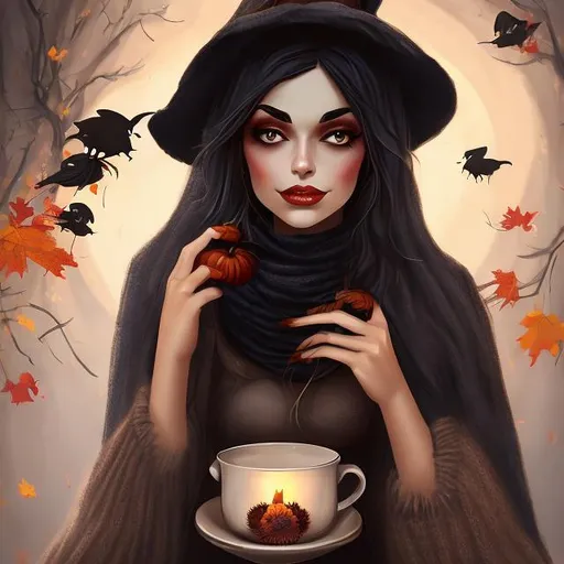 Prompt: Cozy fall witch with beautiful iranian face
