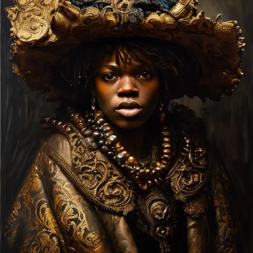 Prompt: Keninde Wiley's contemporary reinterpretation of a Rembrandt masterpiece, oil painting, vibrant and dramatic, detailed facial features, high quality, baroque style, rich color palette, striking contrast, dramatic lighting, modern twist, reimagined classic, elaborate clothing, intense gaze, dynamic composition, expressive brushstrokes, intricate details
Ornate background pattern