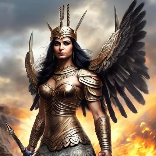 Prompt: Beautiful persian valkyrie, powerful stance, intense gaze, riding into battle