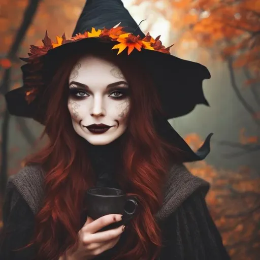 Prompt: Cozy fall witch with beautiful face

