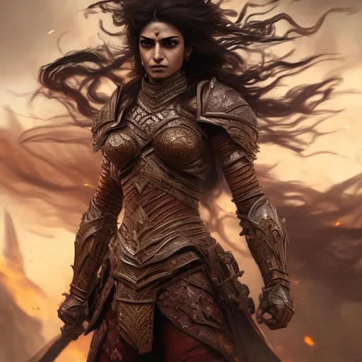 Prompt: Beautiful but angry face, female Arab warrior rising from ashes, digital painting, detailed armor and weaponry, high quality, realistic, fantasy, warm and fiery tones, dramatic lighting, powerful stance, fighting stance, intense gaze, majestic Arabic elements, desert setting, intricate ornaments, dynamic composition, anger, vengeance, retribution, power, angry face, pained expression, loss
Wielding weapons, black hair