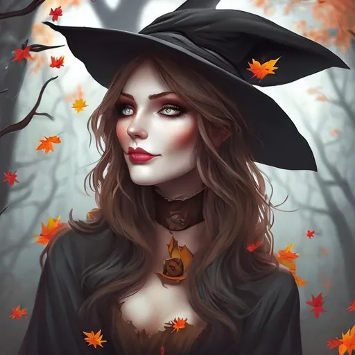 Prompt: Comfortable fall witch with beautiful face
