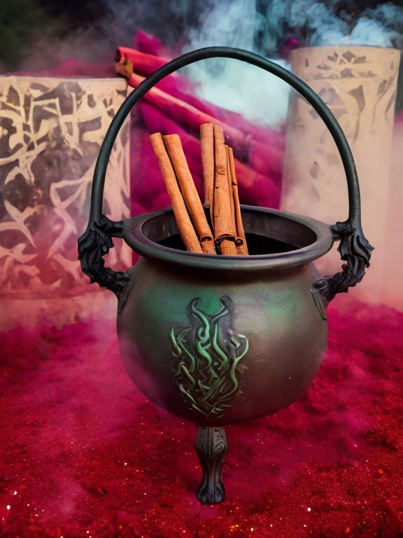 Prompt: Glittering, green smoke billowing out of a black cauldron with two cinnamon sticks sticking out of it