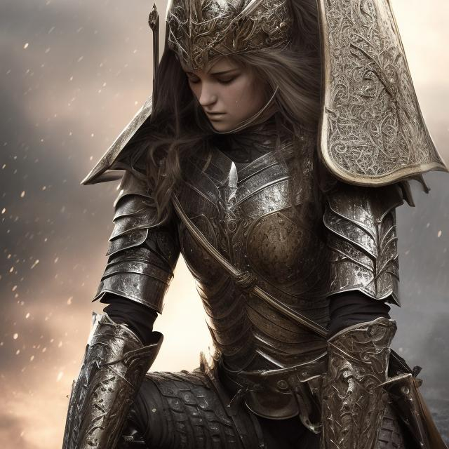 Prompt: Beautiful woman in armor, kneeling, head bowed, holding a sword in each hand, medieval fantasy, metallic armor, detailed eyes, intense gaze, intricate sword design, heroic pose, highres, detailed, medieval fantasy, dramatic lighting, determined face, vengeance, anger