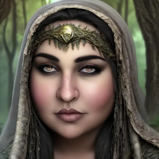 Prompt: Chubby Arabian swamp witch with beautiful face