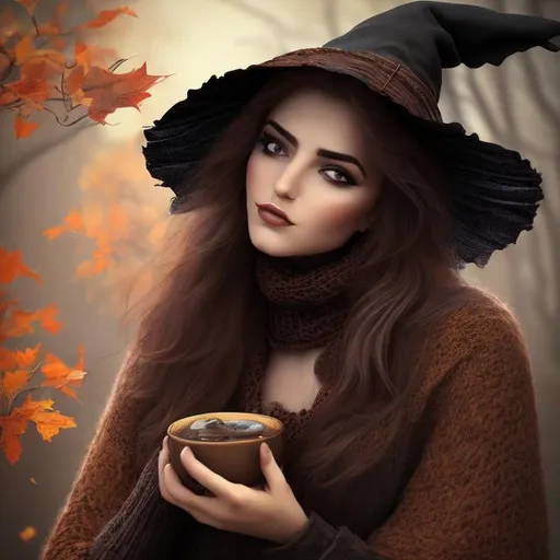 Prompt: Cozy fall witch with beautiful iranian face
