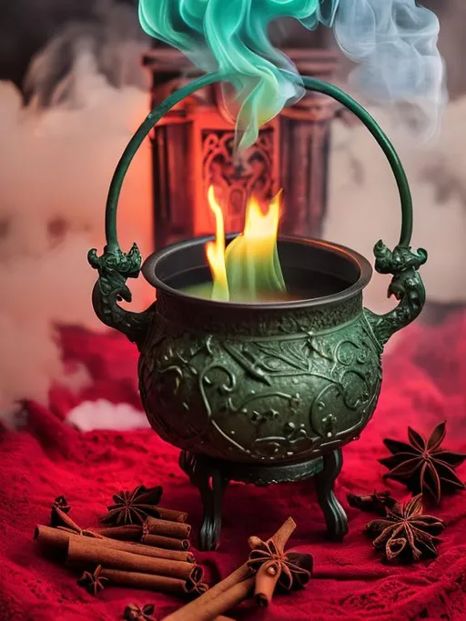 Prompt: Green smoke billowing out of a black cauldron, cinnamon sticks, magical atmosphere, detailed smoke, high quality, mystical, dark fantasy, vibrant green tones, atmospheric lighting, christmas, gingerbread, cozy