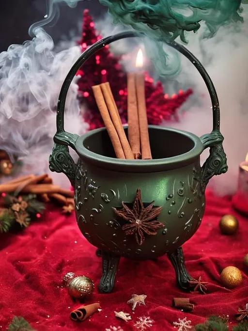 Prompt: Green smoke billowing out of a black cauldron, cinnamon sticks, magical atmosphere, detailed smoke, high quality, mystical, dark fantasy, vibrant green tones, atmospheric lighting, christmas, gingerbread, cozy, sparkling, glitter, glam