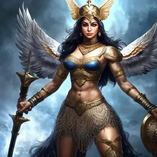 Prompt: Beautiful persian valkyrie, powerful stance, intense gaze