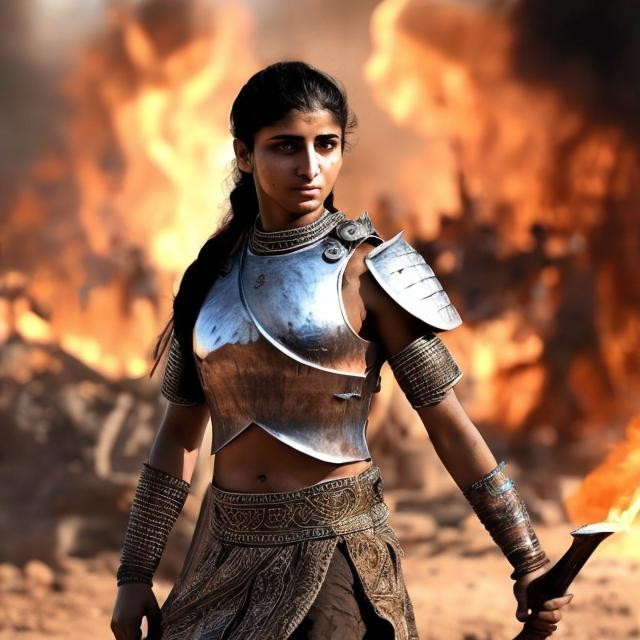 Prompt: Beautiful female arab warrior rising from ashes