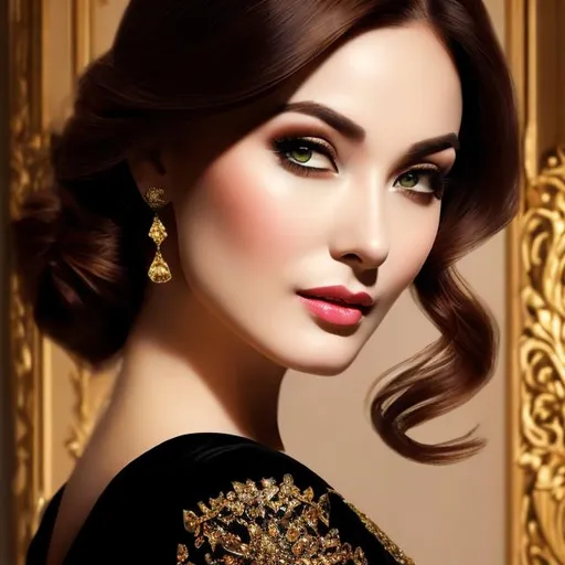 Prompt: Leading lady elegant wardrobe, dramatic lighting, high quality, classic art style, detailed facial features, confident expression, regal atmosphere, rich color palette