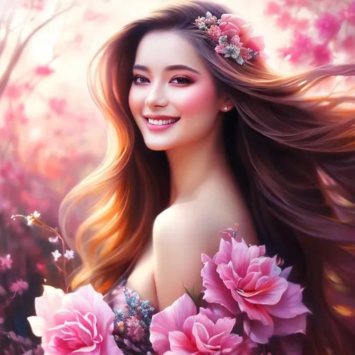 Prompt: beautiful girl, realistic painting, flowing floral dress, radiant smile, long flowing hair, captivating eyes, high quality, realistic, vibrant colors, soft lighting, detailed features, elegant, traditional art style, pastel tones, enchanting aura, natural beauty