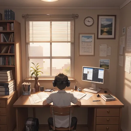 Prompt: Imagine 2d animation of a calm and studious scene where a young male student sits at a sleek, wall-mounted desk, deeply focused on solving questions with a pencil in hand. The room is bathed in soft daylight filtering through a large window, which takes up a good portion of the wall in front of the student. 

To the left of this window, there's a simple calendar, marking the passage of days, adding a subtle touch of organization to the scene. Above the desk, a wall-mounted shelf starts halfway across the window, spanning just the width of the window itself. Attached to the bottom of this shelf is a lamp, casting a gentle, focused light downward onto the desk, perfectly illuminating the workspace.

The desk is neat, with a few books and pieces of stationery arranged in an orderly manner, reinforcing the atmosphere of quiet concentration. The room is warm and inviting, with tones that suggest a peaceful and productive environment. The overall simplicity and cleanliness of the design make it easy for anyone to imagine this scene as their own ideal study space, perfect for a device wallpaper.