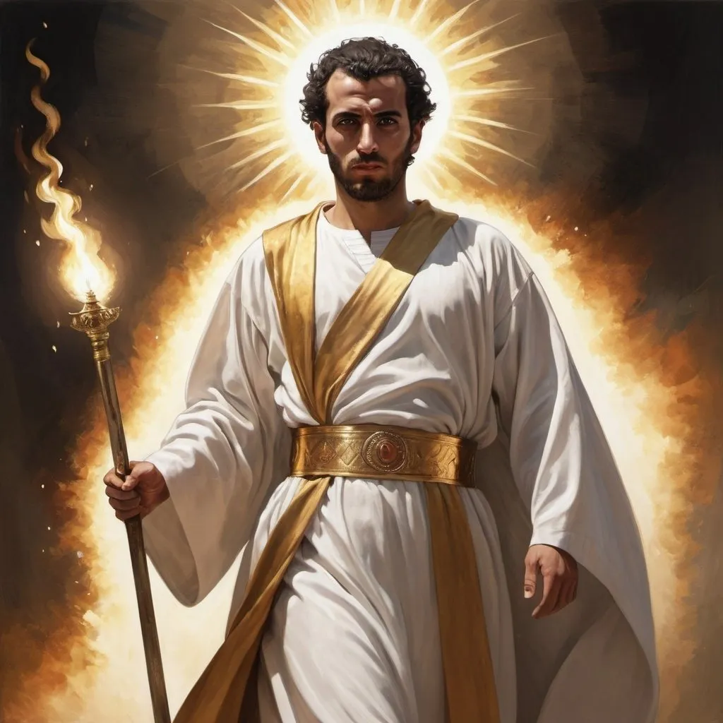 Prompt: a Palestinian, 33 year-old man in a long robe with a gold sash across his chest.  His head, hair are gleaming white.  His eyes are flaming fire.  His feet are like burnished bronze.  From his mouth comes a two-edged sword.  His right hand holds 7 stars.  His face is like the shining sun.