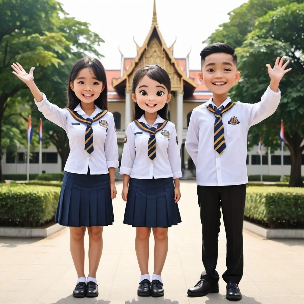 Prompt: 2 excited cartoon students girl and boy wearing Bangkok university uniform invited the people come to join Business Administration Faculty at Bangkok University!