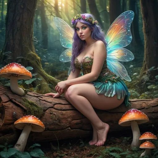 Prompt: Curvy beautiful Fairy goddess with a mesmerizing stare, bending over a log, psychedelic mushrooms, enchanting forest scenery, high quality, fantasy, mystical, detailed eyes, ethereal, vibrant colors, atmospheric lighting, fantasy art, fairy, captivating gaze, alluring, surreal, magical, enchanting forest, detailed surroundings, professional