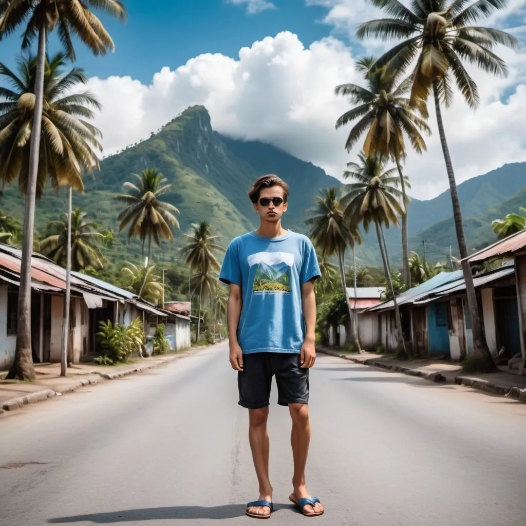 Prompt: rebel without a cause, standing in the middle of the street wearing tshirt, short and slippers. located in the provice with mountain background, coconut trees and plants. afternoon blue cloudy sky.