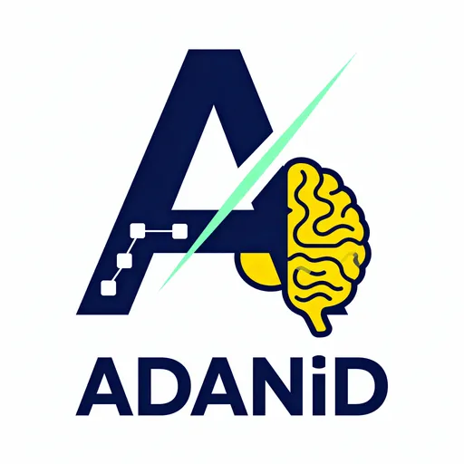 Prompt: This is a digital logo image featuring a stylized letter "A" in dark navy blue. The letter "A" has a unique design with a brain-like shape at its bottom right, illustrated in yellow with wavy lines resembling neural pathways. A light green line runs diagonally from the top of the "A" to the brain shape, adding a sense of connectivity. To the left of the "A," there are three small, white square nodes connected by thin lines, resembling a network or circuit diagram. Below the letter "A," the word "ADANiD" is written in bold, dark navy blue uppercase letters. The background is plain white, making the logo stand out prominently. The overall style of the logo is modern and professional, with a focus on themes of connectivity and cognitive function. The clean lines and contrasting colors give the logo a sleek, contemporary appearance.