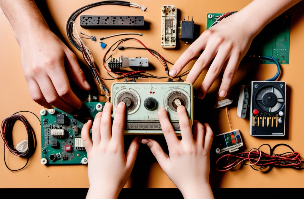 Prompt: a teenager and adult are dismantling an electronic device; there are small an old radio and hairdryer  and some circutboards, wires on the table; people have 5 fingers to each hand, there are 3 hands visible; a view from top flat layout