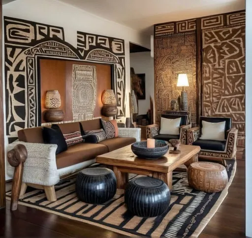 Prompt: African style living room with vibrant tribal decor, cozy armchair, intricate carved wooden console, tribal patterned room divider, warm and inviting lighting, high quality, detailed textures, rich earthy tones, traditional African art, rustic wooden furniture, tribal patterned fabrics, warm and cozy atmosphere, intricate tribal decor, handcrafted furniture, authentic African style, tribal patterned room divider, cozy armchair, warm lighting