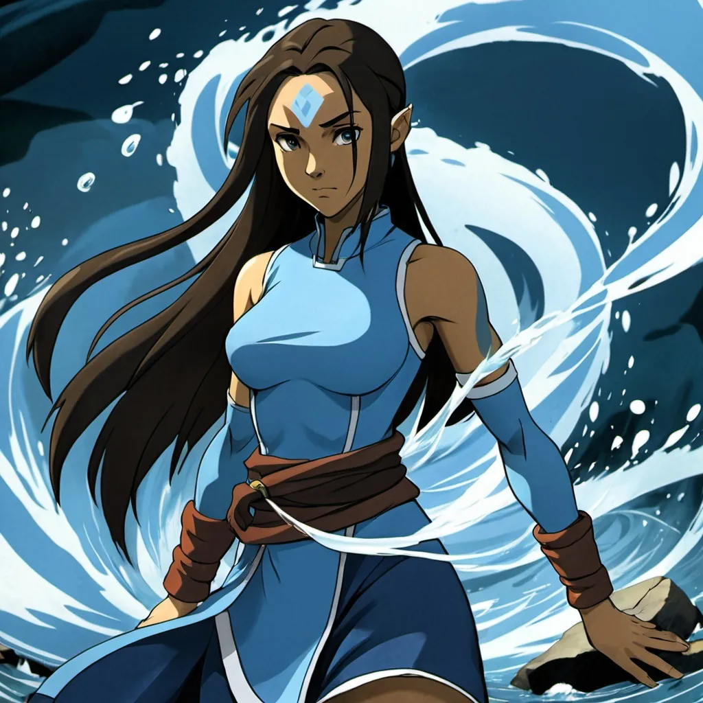 Prompt: anime, girl, detailed, the avatar , from the water nation , blue clothes , legend of aang, korra, long and loose hair 