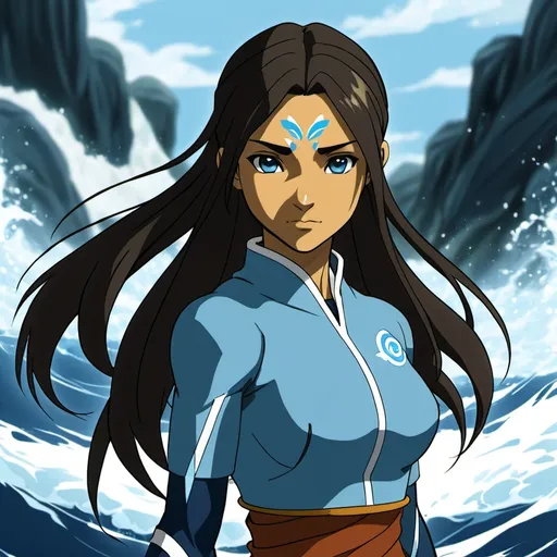 Prompt: anime, girl, detailed, the avatar , from the water nation , blue clothes , legend of aang, korra, long and loose hair 