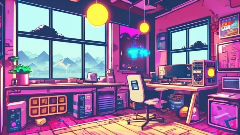 Prompt: Generate for me a LOFI themed background of a gamer room, with windows, anime style
