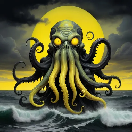 Prompt: monster in style of hp lovecraft with a gradient of yellow, cloudy black sky, cthulhu that emerge slowly on the sea