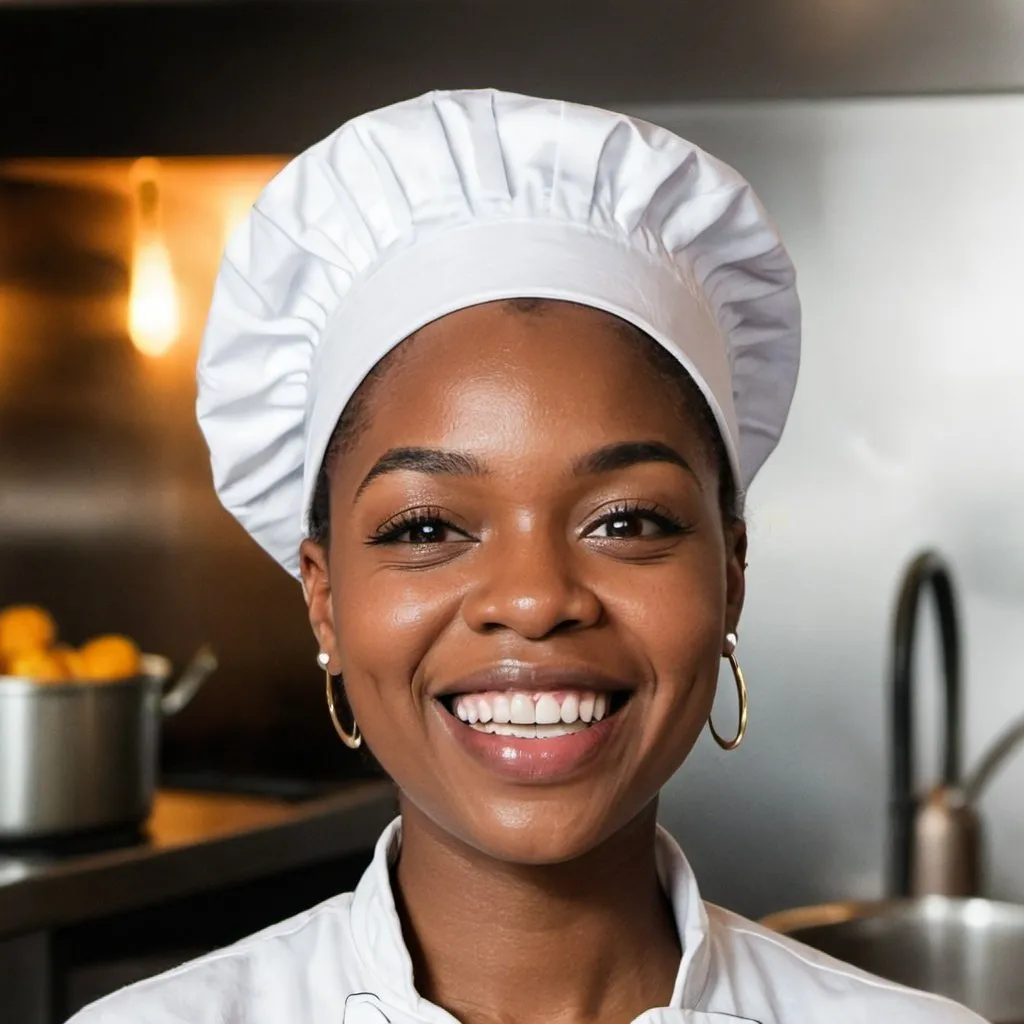 Prompt: black woman with chef hat smiling
