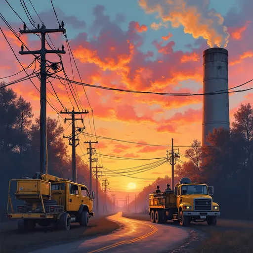 Prompt: Creat a mural of a sunset, telephone lines disappearing into the distance. Include a bucket truck, coal furnace, telephone switch operators. 