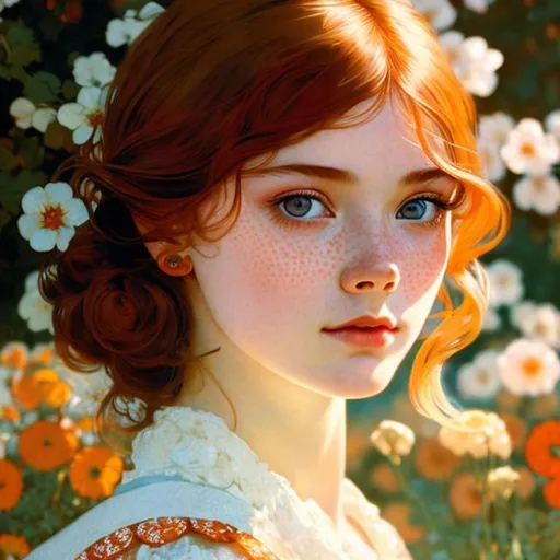 Prompt: Cute girl with freckles, high bun, breton dress, intricate, detailed face. by Ilya Kuvshinov and Alphonse Mucha. Dreamy, pastel colors, honey