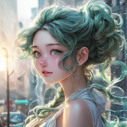Prompt: extremely realistic in anime, hyper detailed, long green wavy hair in a messy bun anime girl highly full character visible, soft lighting, high definition, ultra realistic, digital art an dis slightly smiling