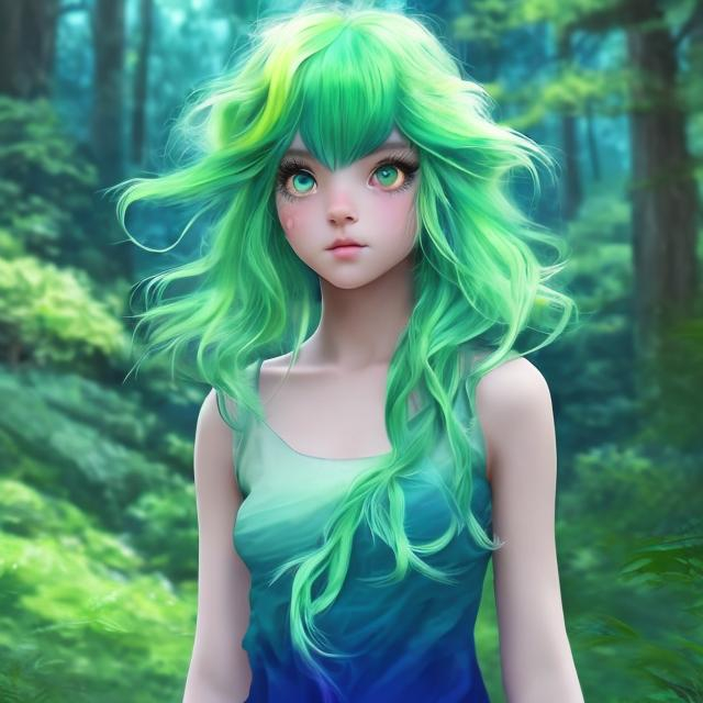 Prompt: girl with green hair and green hair and is wearing a green and blue ombre dress in a forest in realistic anime 