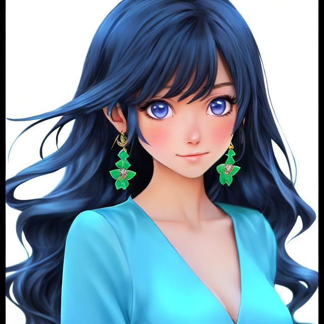 Prompt: A realistic anime girl with a blue dress and green eyes and has long black hair.