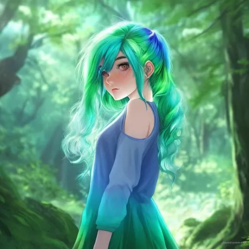 Prompt: girl with green hair and green hair and is wearing a green and blue ombre dress in a forest in realistic anime 