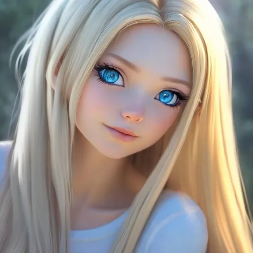 Prompt: realistic anime girl with long blond hair and blue eyes
