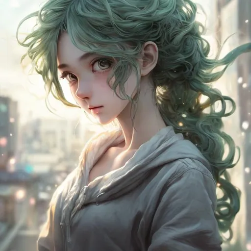 Prompt: extremely realistic in anime, hyper detailed, long green wavy hair in a messy bun anime girl highly detailed eyes,  full body, whole body visible, full character visible, soft lighting, high definition, ultra realistic, digital art